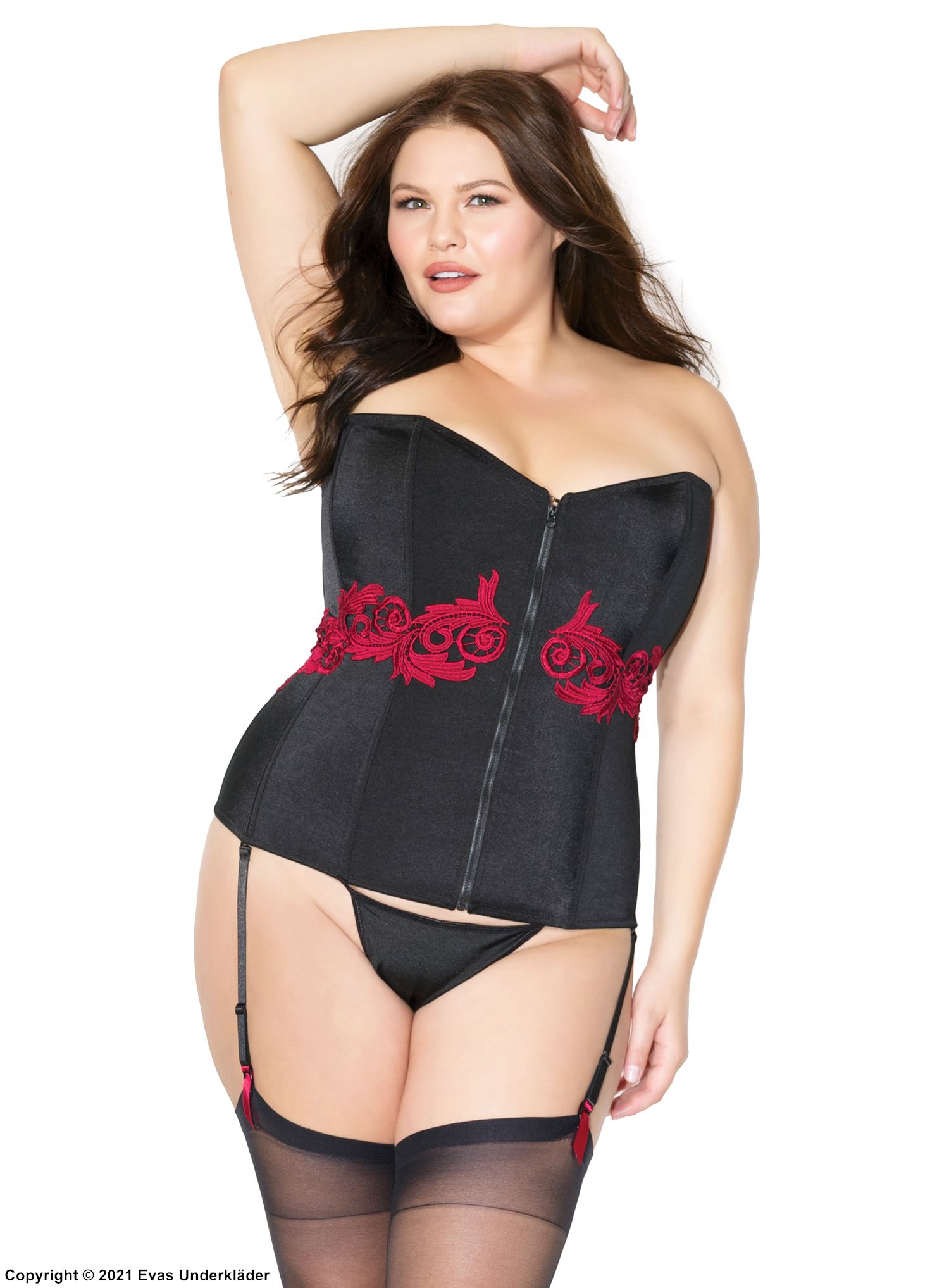 Korsett, Stickerei, Schnürung, Front-Reißverschluss, Plus Size